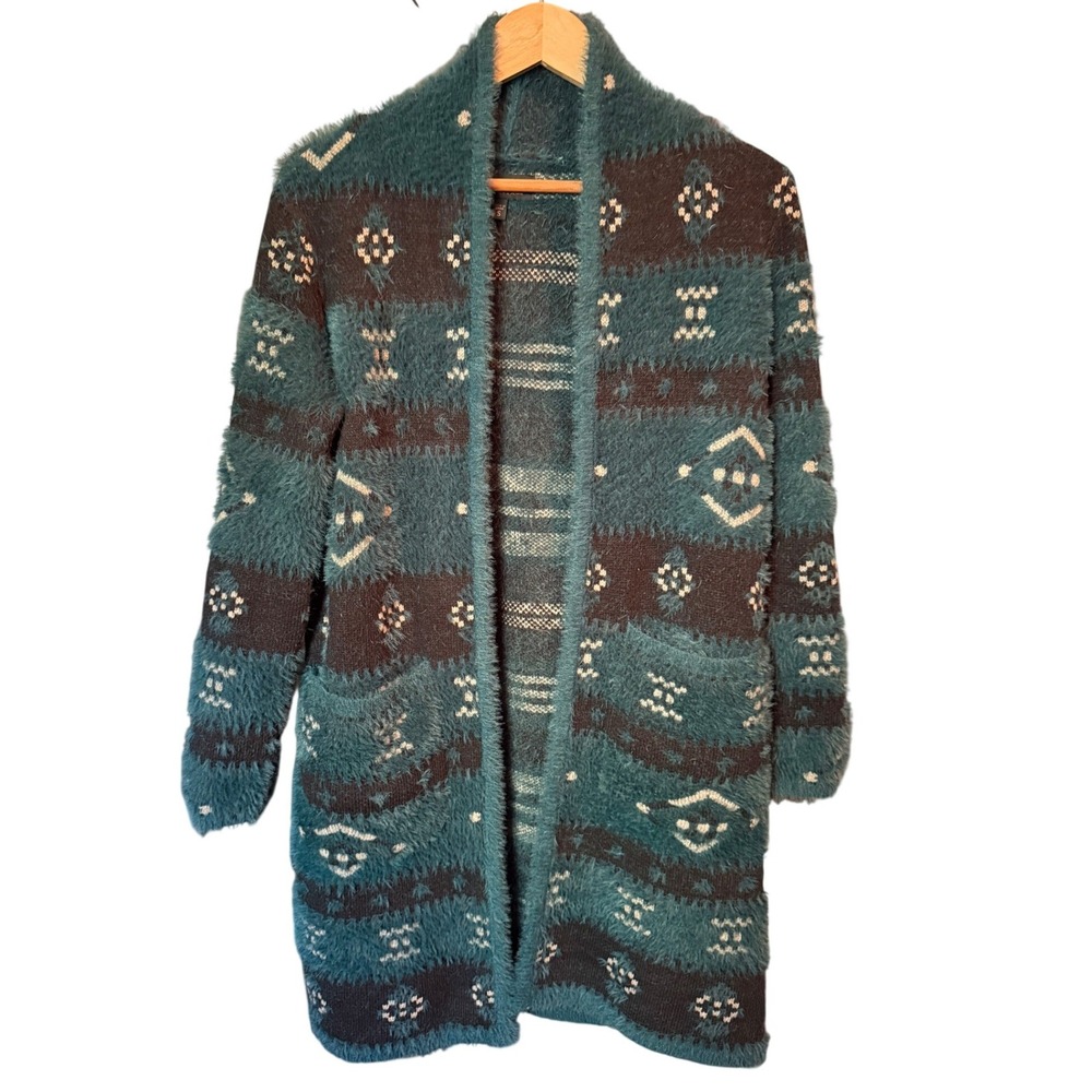Shyanne Teal Black Southwestern Fuzzy Knit Open Front Duster Cardigan S Cowgirl